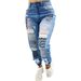 Aria Basics Cross-border Letter Print Ripped Jeans For Women, Washed Vintage Slim-Fit Pants, European And American_ecoleips.com