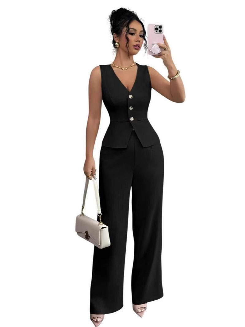 Summer Women's Solid Color Sleeveless Slim Fit Vest High Waist Casual Pants Two Piece Set New_ecoleips.com