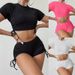 Women's Clothing Solid Color Conservative Short Sleeved Lace Up Split Swimsuit Women's Beach Bikini Two Piece Swimsuit_ecoleips.com