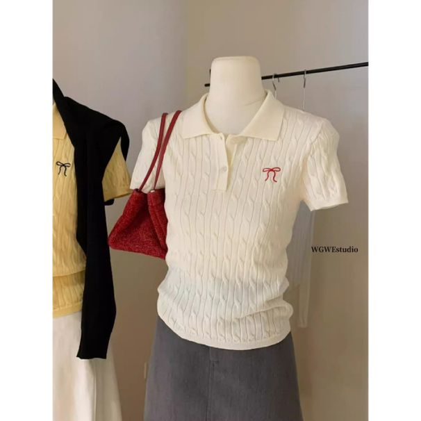 Korean-Style Women's Polo Collar Knit Top Summer Short Sleeve Shirt Bow Embroidery Cropped Fit Relaxed Shoulder Sweet Chic_ecoleips.com