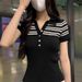 Women's Slim Fit Striped Polo Short Sleeve T-Shirt Button-Down Collar Summer Top_ecoleips.com