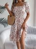Spring Summer Square Collar Floral Mid-Length Dress Women's Casual Print A-Line Dress_ecoleips.com