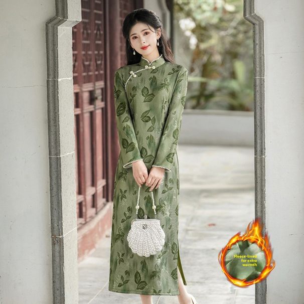 2025 Autumn/Winter New Chinese Style Stand Collar Beaded Mesh Jacquard Fleece-Lined Cheongsam Dress LX2649_ecoleips.com