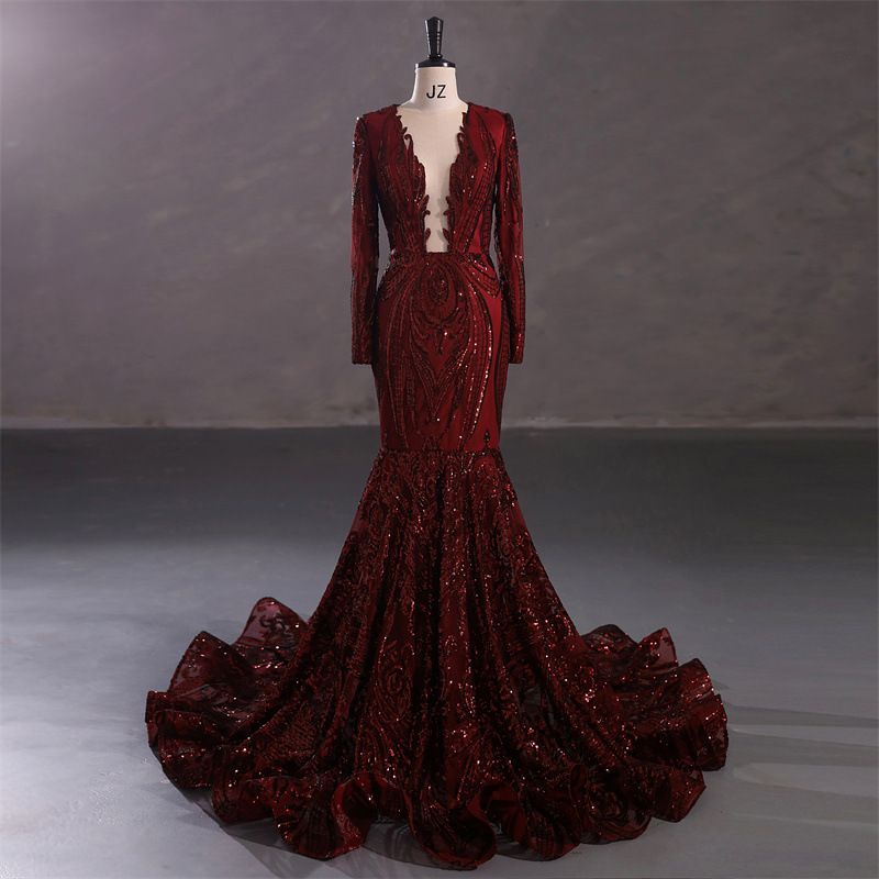 Women's Clothing Temperament Party V Neck Sequin Banquet Hip Wrapped Fishtail Trailing Evening Dress Royal Blue Dress_ecoleips.com
