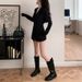 Black Striped Long Sleeved Slim Fit Shirt Waist Cinching Mid-Length Casual Elegant Top For Spring And Autumn_ecoleips.com