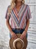 Women's Clothing Summer V Neck Women's Top Ethnic Stripe Print Short Sleeved Best Selling For Formal & Casual For Women_ecoleips.com