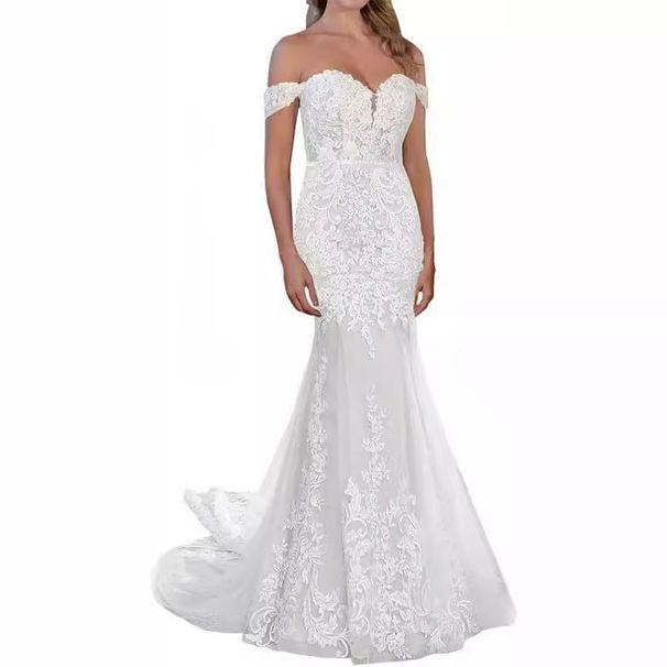 Women's Clothing Fishtail Short Sleeved Wedding Dress New Bride Lace Slim Deep V Neck Light Tail Perspective Cover Arm Temperament_ecoleips.com