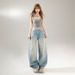 Blue Curved Wide-leg Jeans For Women, 2025 Autumn New Style, American Vintage, Loose High-waisted, Slimming Scythe Pants_ecoleips.com