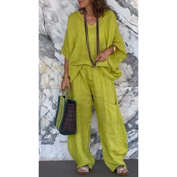 Women's Clothing Casual V Neck Loose Pocket Sleeve Cotton And Linen Suit_ecoleips.com