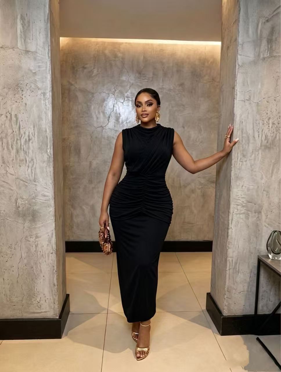 Women's Clothing Sleeveless Round Neck Pleated Bodycon Maxi Dress For Women Slim Fit Waist Cinching Elegant Solid Color Stylish Dress_ecoleips.com