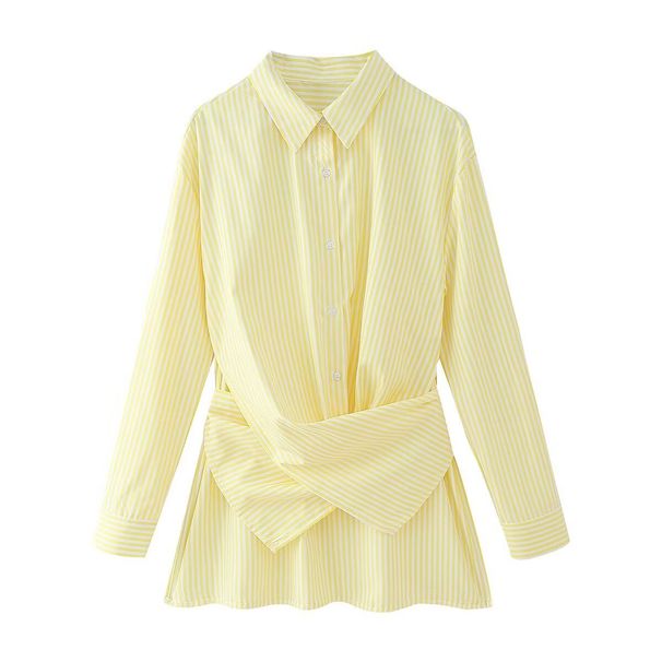Women's New Design Sense Wrapped Tie Stripe Loose Long Sleeve Shirt_ecoleips.com