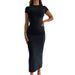 Women's Clothing New Street Fashion Solid Color Dress Round Neck Long Dress_ecoleips.com