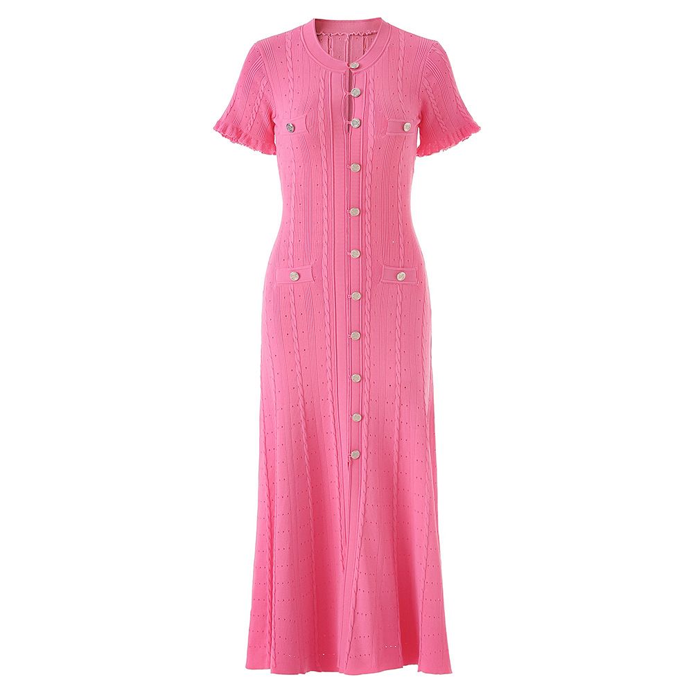 Women's Clothing Elegant Style Short Sleeved Knit Dress With Ruffled Trim Silver Metal Buckle Round Neck Design Women's Dress_ecoleips.com