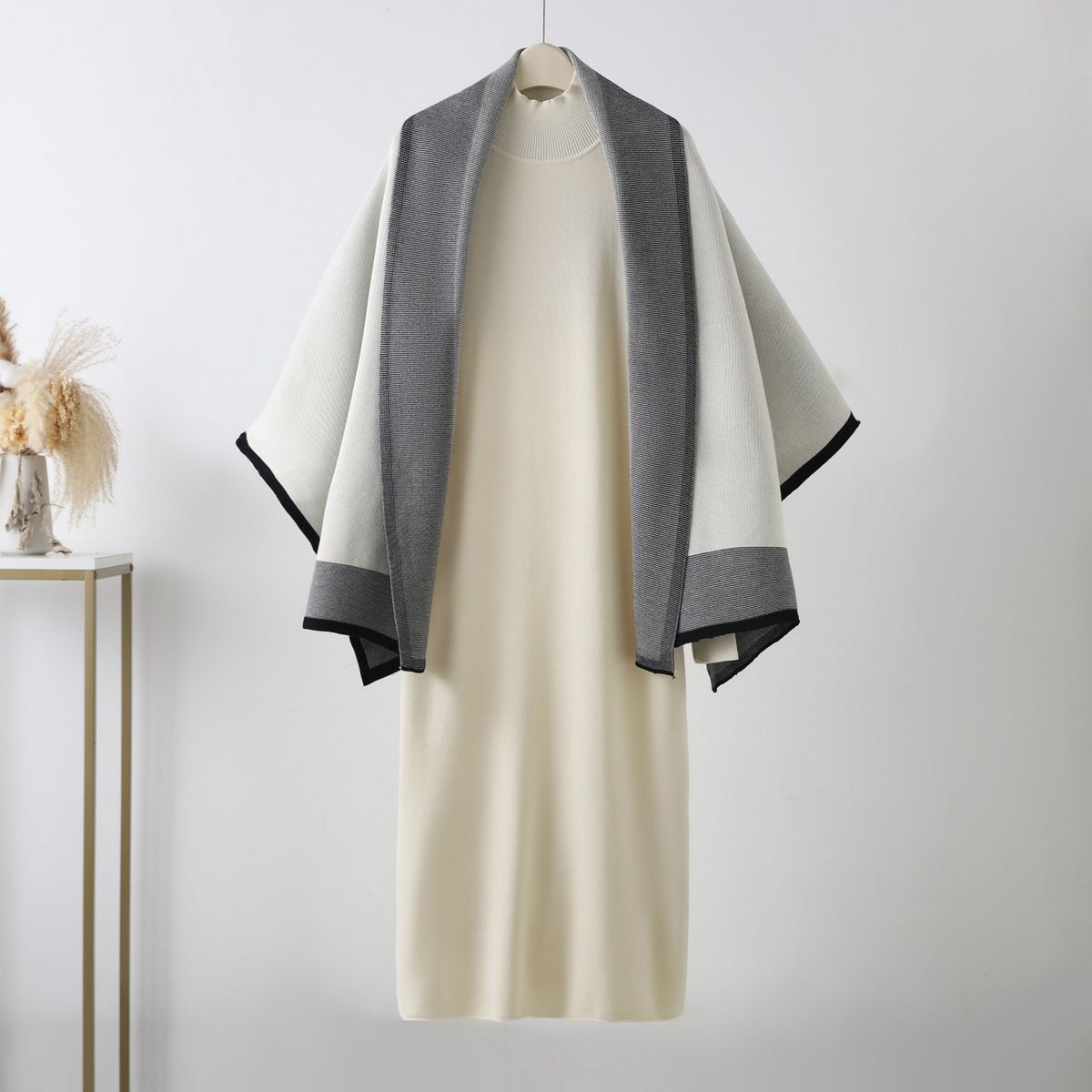 Early Autumn Women's Knit Set ElegantCape Poncho Solid Dress Viscose Blend Office Wear Lightweight Layered Outfit (Beige/Black/Khaki/Camel One Size)_ecoleips.com