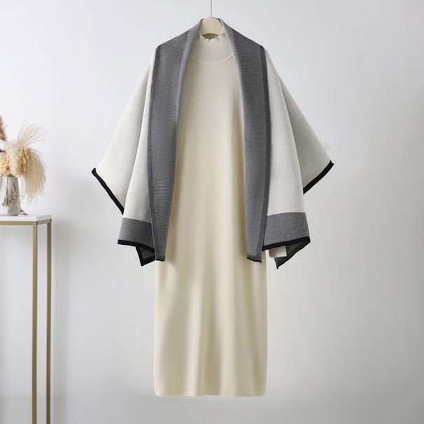 Early Autumn Women's Knit Set ElegantCape Poncho Solid Dress Viscose Blend Office Wear Lightweight Layered Outfit (Beige/Black/Khaki/Camel One Size)_ecoleips.com