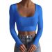 Women's Clothing Large Round Neck Long Sleeve Threaded Ultra Short Slim Fit T Shirt_ecoleips.com