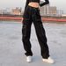 Women's Fashion Street Style Multi-Pocket Cargo Straight Leg High Waist Slimming Loose Khaki Jeans_ecoleips.com