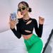 Voya Women's New Street Instagram Casual Hollow Slim Fit Ultra Short Style Internet Famous Long Sleeved T-shirt Top Top_ecoleips.com