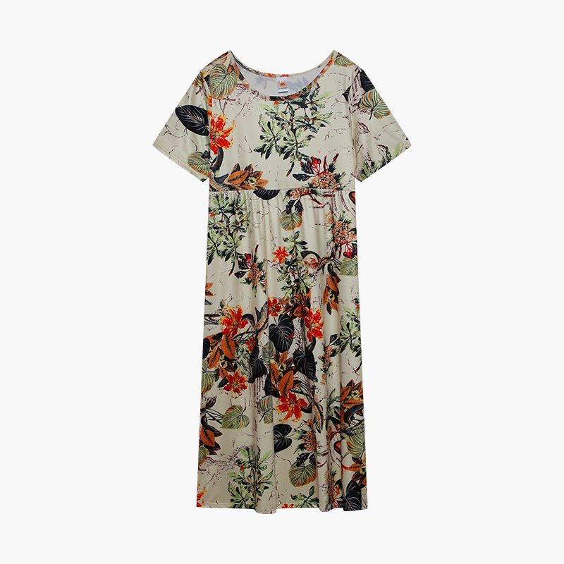 Vintage Floral Print Short Sleeve Round Neck Dress_ecoleips.com