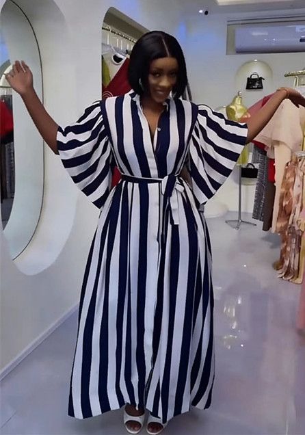 Women's Elegant Boho Chic Maxi Dress Long Sleeve Batwing Striped Print Belted Waist Tunic Loose Fit Summer Dress_ecoleips.com