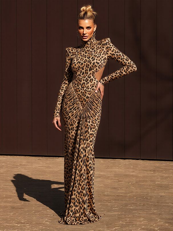 Nibber Leopard Print Maxi Dress Women Backless Full Sleeve Turtleneck Peach Butt Folds Skinny Fashion Elegant Banquet Vestidos_ecoleips.com