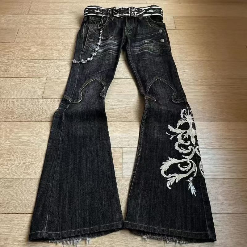 Gothic Retro Double Waist Tie Flared Jeans For Women Y2K Street Washed Distressed Ripped Design Trousers_ecoleips.com