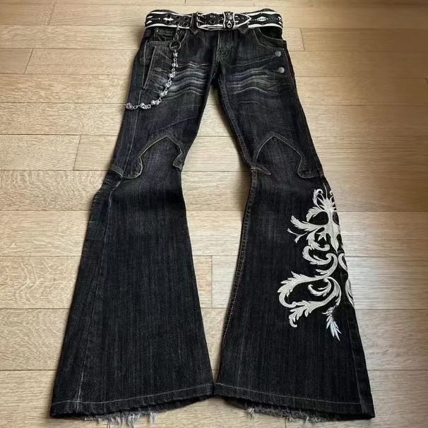 Gothic Retro Double Waist Tie Flared Jeans For Women Y2K Street Washed Distressed Ripped Design Trousers_ecoleips.com