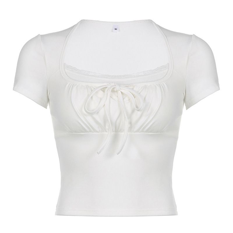 Elegant Solid Color Lace Slim Fit Short Sleeve T-Shirt for Women Sexy Girl Commuter Knit Two Piece Top Lace Trimmed Faux Two Piece Top for Summer_ecoleips.com