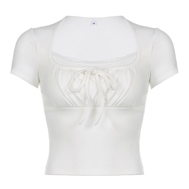 Elegant Solid Color Lace Slim Fit Short Sleeve T-Shirt for Women Sexy Girl Commuter Knit Two Piece Top Lace Trimmed Faux Two Piece Top for Summer_ecoleips.com