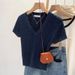 Women's Slim Fit V Neck T-Shirt Short Sleeved Summer Top Sexy Design Flattering Silhouette off the Shoulder Knitwear_ecoleips.com