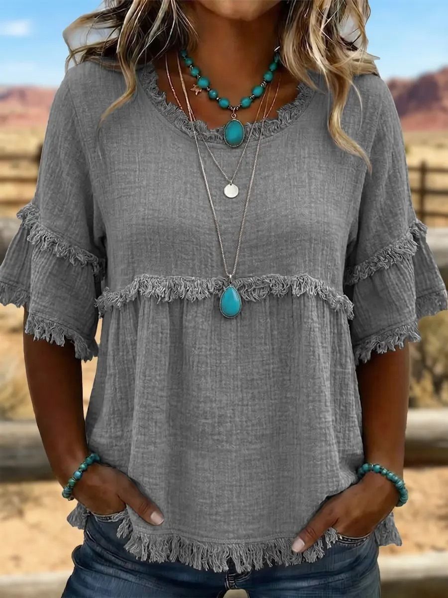 New Women's Casual Loose Fit Shirt Round Neck Pullover Short Sleeve Top Style Fashion_ecoleips.com