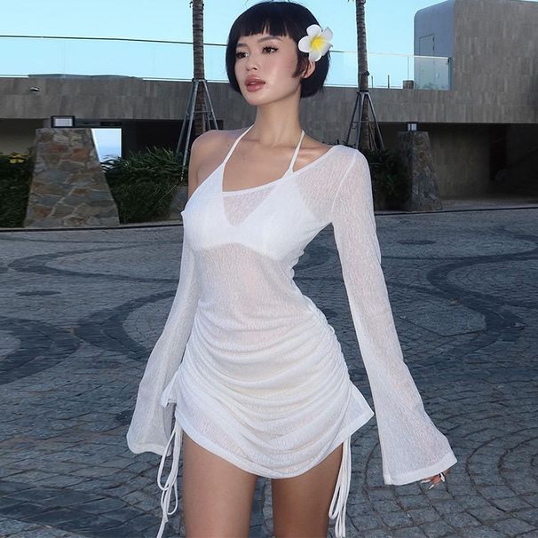 European And American Women's Fashion 2026 Spring-summer New Sexy Hollow-out Sheer Asymmetrical Neck Beach Bodycon Dress_ecoleips.com