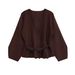 Fashion Dark Brown Strap Waist Knitted Sweater_ecoleips.com