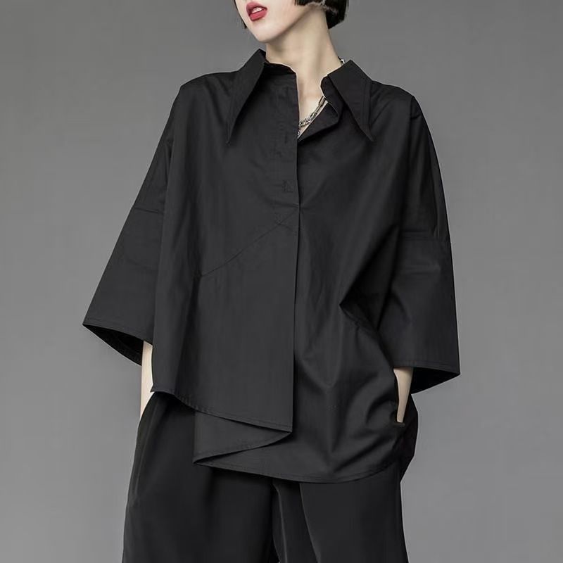 Gothic Oversized Shirt for Women Asymmetrical Layering Polo Collar Dark Aesthetic Loose Fit Open Front Blouse M to XL Black_ecoleips.com