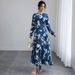 Women's Clothing Blue Long Sleeved Round Neck Dress New Temperament Waist Tie Slim Big Swing Printed Mid Length Skirt_ecoleips.com