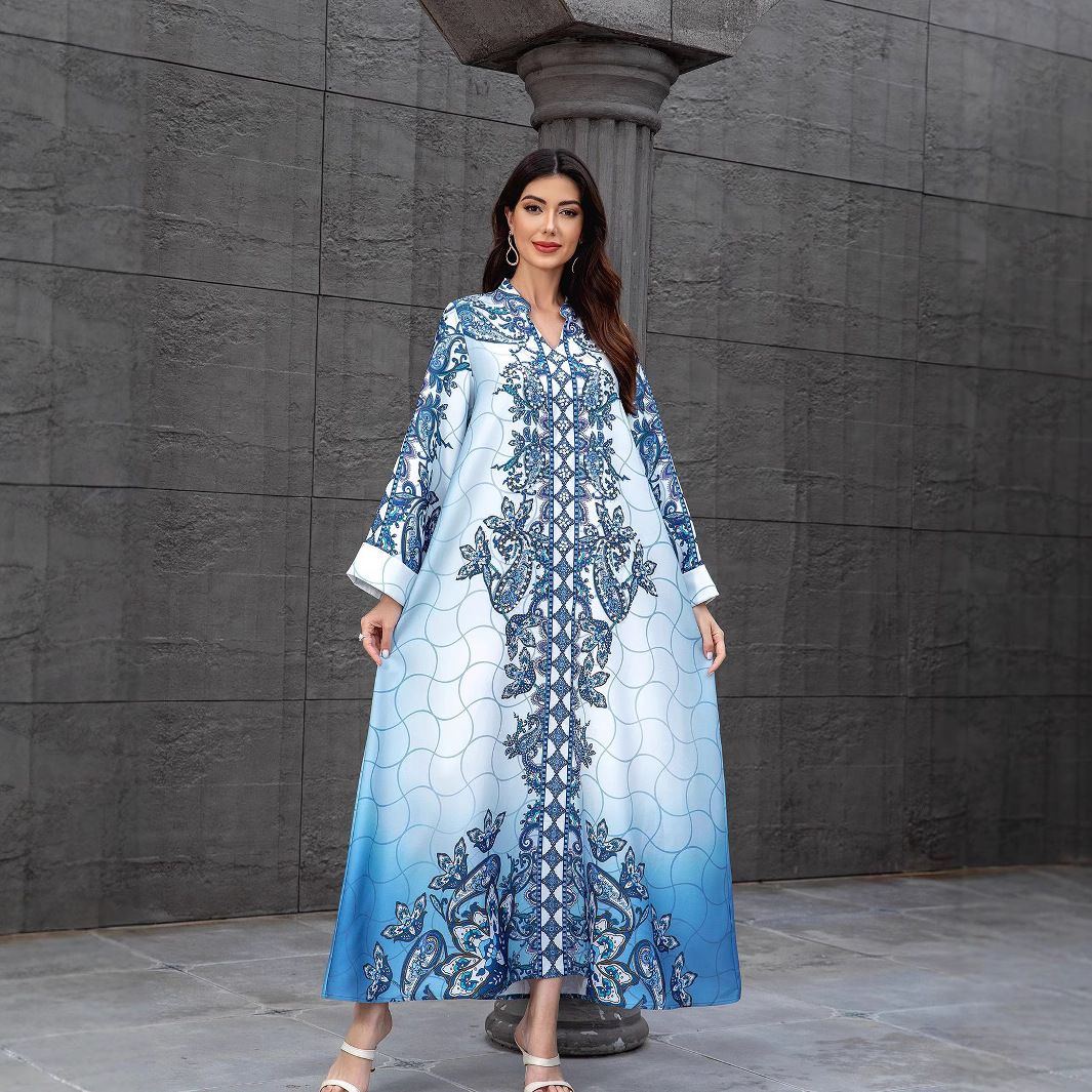 Women's Clothing Fashion Printed V Neck Loose Dress Female Beaded Hot Diamond Robe_ecoleips.com