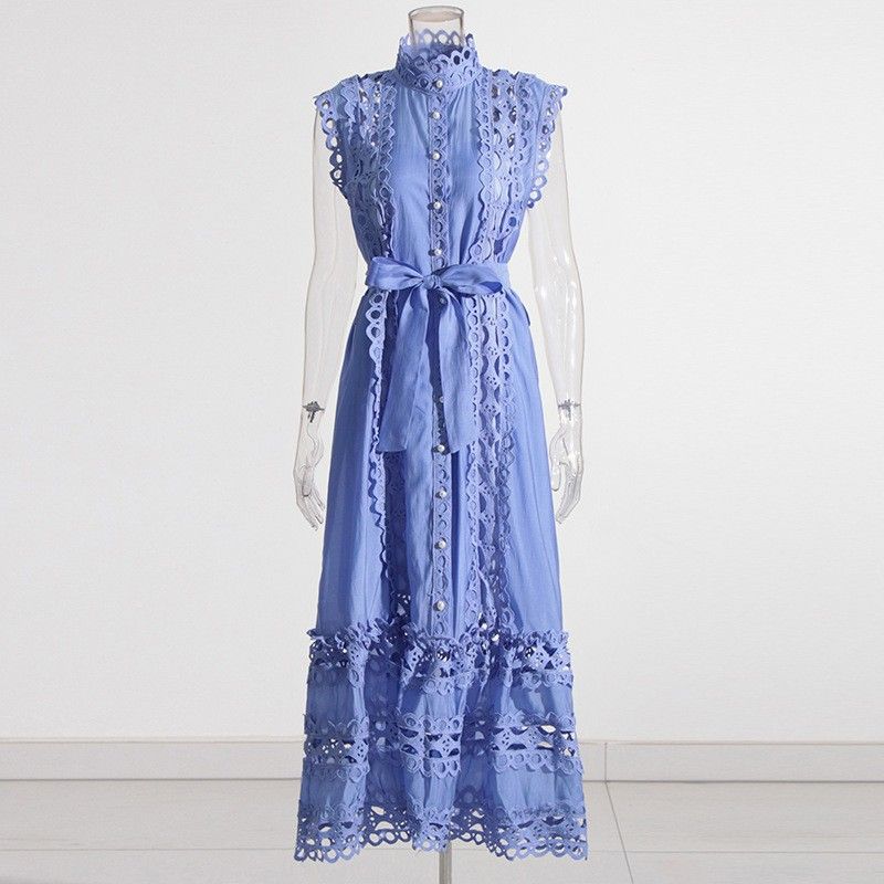 Women's Clothing retro niche design autumn round neck sleeveless hollow perspective design solid color long dress for women_ecoleips.com