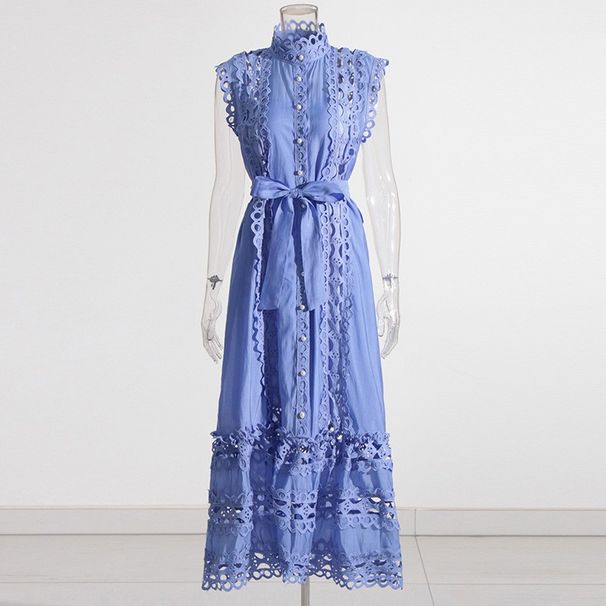 Women's Clothing retro niche design autumn round neck sleeveless hollow perspective design solid color long dress for women_ecoleips.com