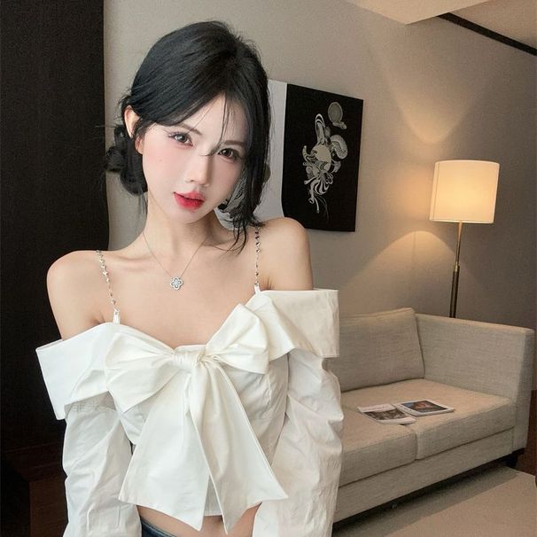 Purely Alluring Hot Girl Off-Shoulder Bowknot Strap Shirt 2024 Autumn New Sexy Short Long-Sleeve Blouse_ecoleips.com