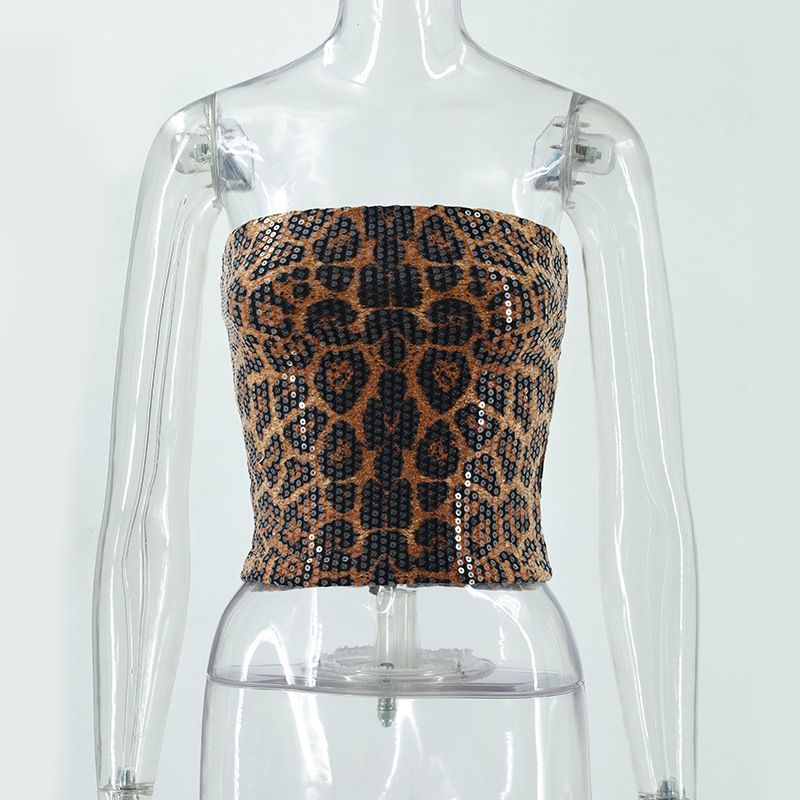 Women's Clothing Sexy Nightclub Hot Girl Leopard Print Sequined Tube Top Slim Fit Inner Vest_ecoleips.com