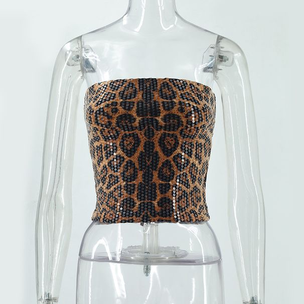 Women's Clothing Sexy Nightclub Hot Girl Leopard Print Sequined Tube Top Slim Fit Inner Vest_ecoleips.com