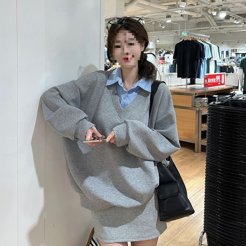 Polo Collar Two-piece Gray Sweatshirt For Women, Spring Korean Fashion, College Style, Casual And Loose-fitting Top_ecoleips.com