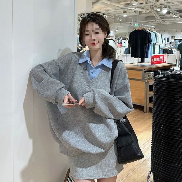 Polo Collar Two-piece Gray Sweatshirt For Women, Spring Korean Fashion, College Style, Casual And Loose-fitting Top_ecoleips.com