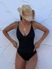 Black Spaghetti Strap Deep V-Neck Fitted Solid One Piece Swimsuit For Women_ecoleips.com