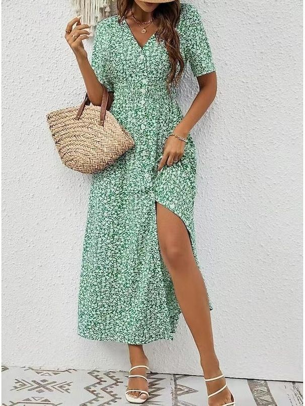 European And American Cross-border Floral V-neck Short-sleeve Slim-fit Long For Women, Summer Beach Vacation_ecoleips.com