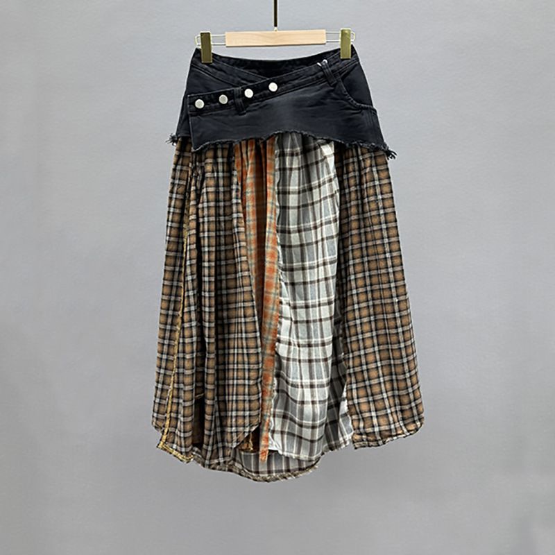 Women's High-Waisted Plaid Patchwork Denim Midi Skirt Slimming Trendy Retro Style For Spring And Autumn_ecoleips.com