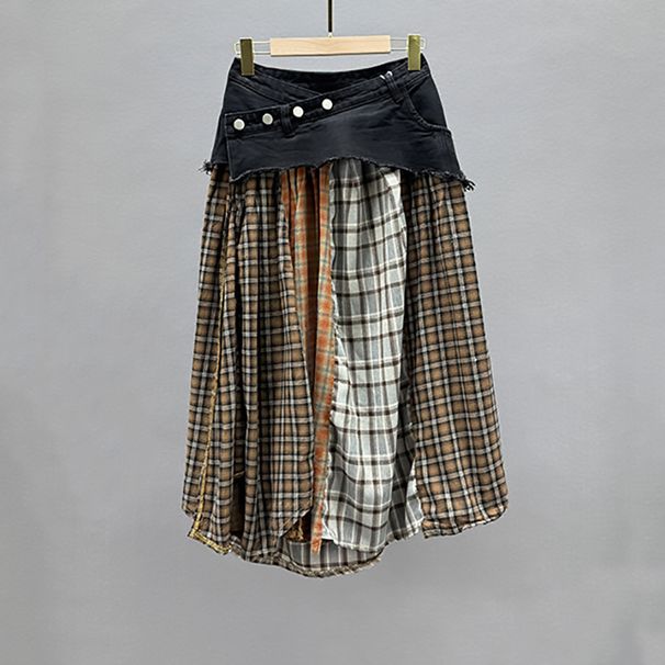 Women's High-Waisted Plaid Patchwork Denim Midi Skirt Slimming Trendy Retro Style For Spring And Autumn_ecoleips.com