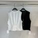 Elegant Sleeveless V-Neck Vest With Single-Breasted Buttons & Embroidered Lace Detail - Breathable Linen Blend Cropped Top For Women_ecoleips.com