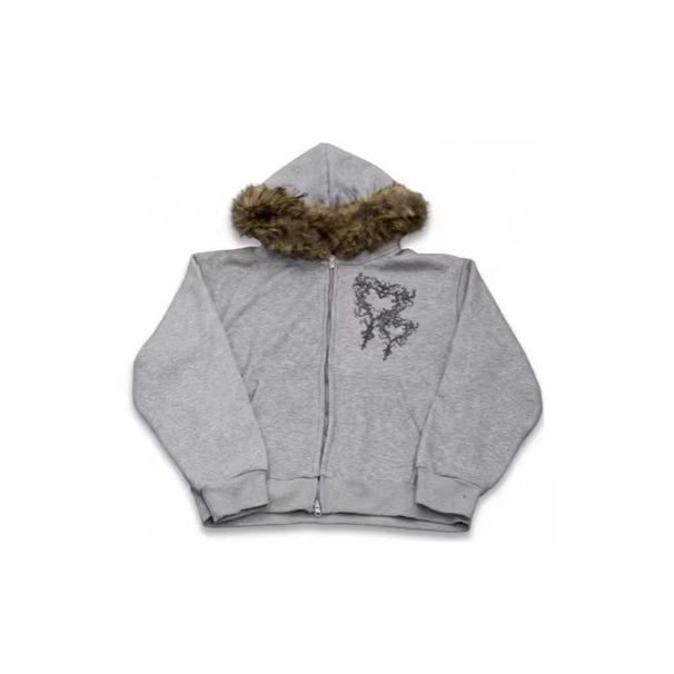 Unisex Y2K Street Design Hooded Sweatshirt Women's Fur Collar Striped Print Cardigan For Autumn Winter Personalized Fashion_ecoleips.com