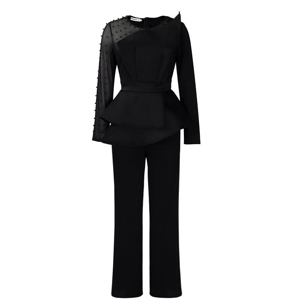 Women's Clothing long-sleeved temperament mesh stitching beading slimming banquet large size_ecoleips.com